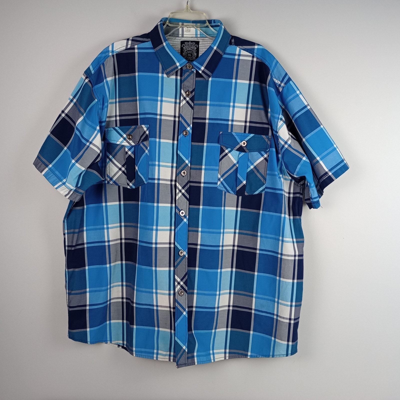 Noiz Mens 4xl Blue Black Gray Plaid Double Pocket Short Sleeve Button Up Shirt